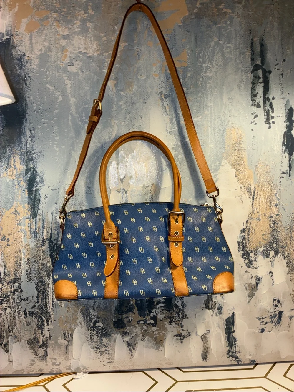 EUC Vintage Dooney and Bourke Blue Monogram Satchel with Tan Trim